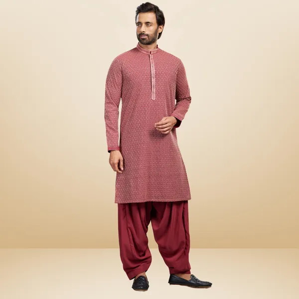 Maroon_Georgette_Embroidered_Kurta_&_Patiala_Set_|_For_Men