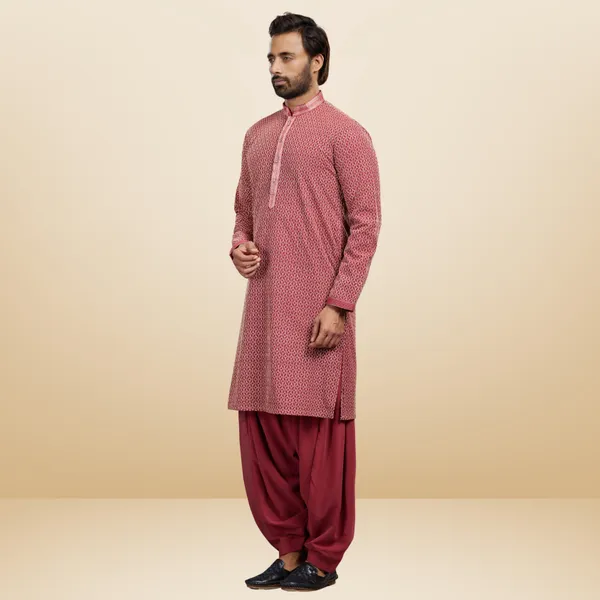 Maroon_Georgette_Embroidered_Kurta_&_Patiala_Set_|_For_Men