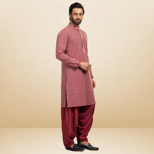 Maroon_Georgette_Embroidered_Kurta_&_Patiala_Set_|_For_Men