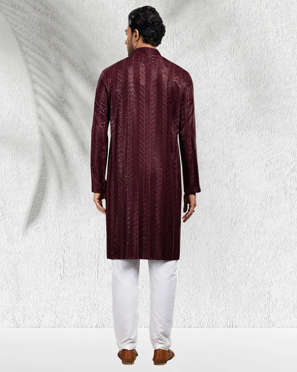 Wine_Sequins_Embroidery_Kurta_&_Pajama_Set_|_For_Men