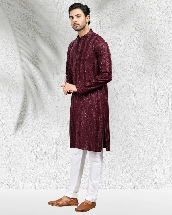 Wine_Sequins_Embroidery_Kurta_&_Pajama_Set_|_For_Men