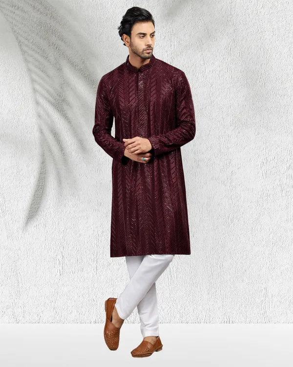 Wine_Sequins_Embroidery_Kurta_&_Pajama_Set_|_For_Men
