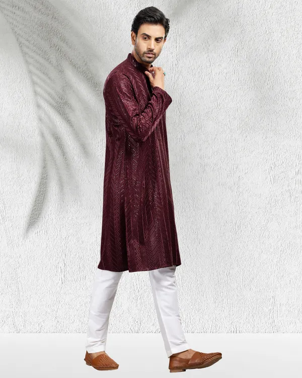 Wine_Sequins_Embroidery_Kurta_&_Pajama_Set_|_For_Men