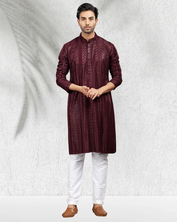 Wine_Sequins_Embroidery_Kurta_&_Pajama_Set_|_For_Men
