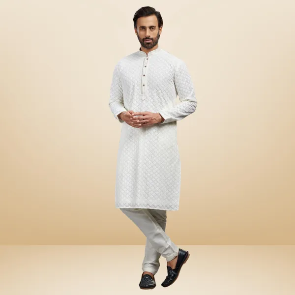 Cream_Georgette_Embroidered_Kurta_&_Pajama_Set__|_For_Men