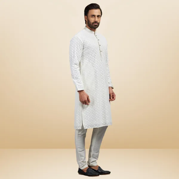 Cream_Georgette_Embroidered_Kurta_&_Pajama_Set__|_For_Men