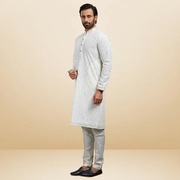Cream_Georgette_Embroidered_Kurta_&_Pajama_Set__|_For_Men