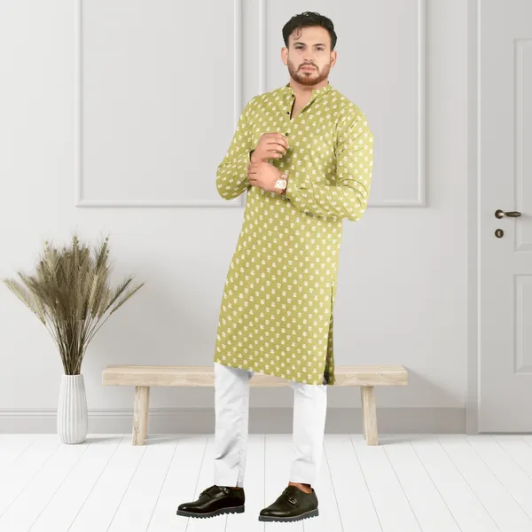Yellow_Printed_Cotton_Kurta_|_For_Men