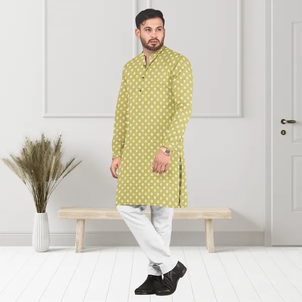 Yellow_Printed_Cotton_Kurta_|_For_Men