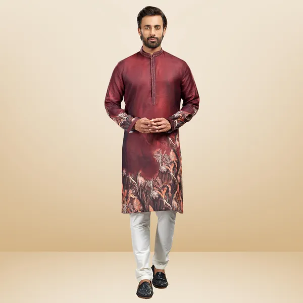 Maroon_Printed_Linen_Flex_Kurta_|_For_Men