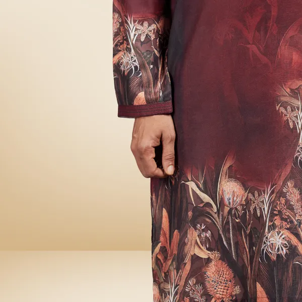 Maroon_Printed_Linen_Flex_Kurta_|_For_Men
