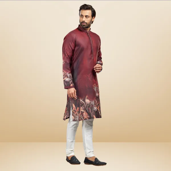 Maroon_Printed_Linen_Flex_Kurta_|_For_Men