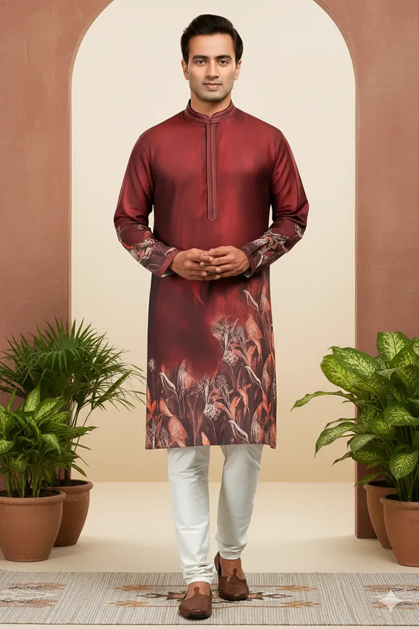Maroon_Printed_Linen_Flex_Kurta_|_For_Men
