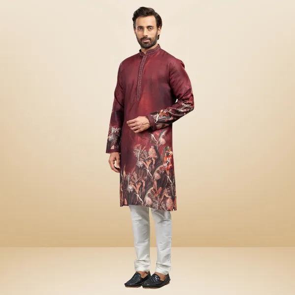 Maroon_Printed_Linen_Flex_Kurta_|_For_Men