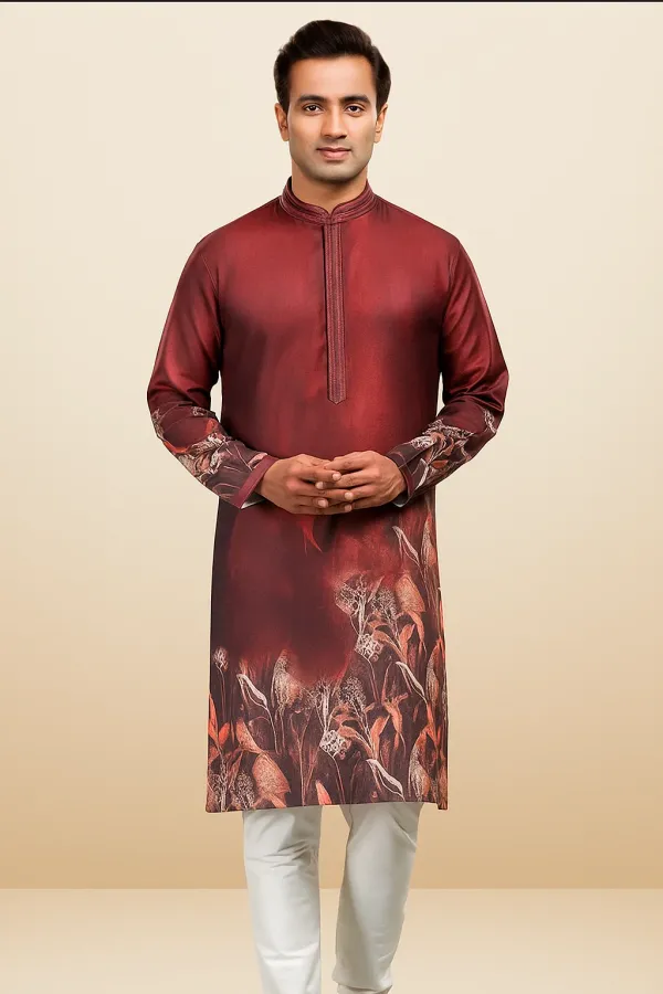 Maroon_Printed_Linen_Flex_Kurta_|_For_Men