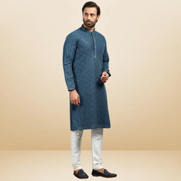 Grey_Georgette_Embroidered_Kurta_&_Pajama_Set__|_For_Men