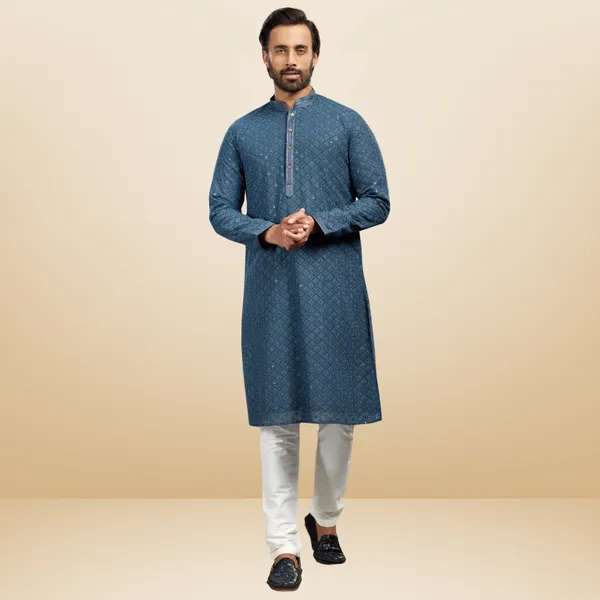Grey_Georgette_Embroidered_Kurta_&_Pajama_Set__|_For_Men