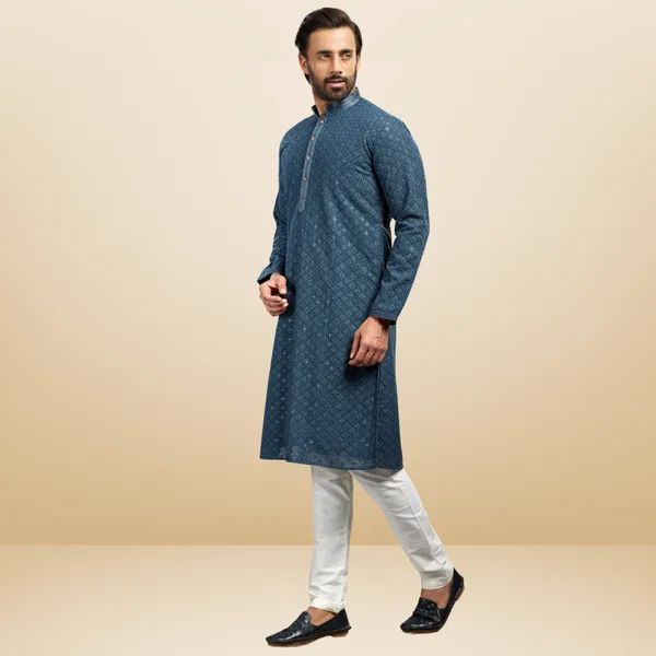 Grey_Georgette_Embroidered_Kurta_&_Pajama_Set__|_For_Men