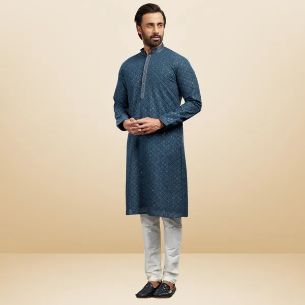 Grey_Georgette_Embroidered_Kurta_&_Pajama_Set__|_For_Men