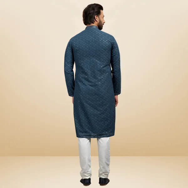 Grey_Georgette_Embroidered_Kurta_&_Pajama_Set__|_For_Men
