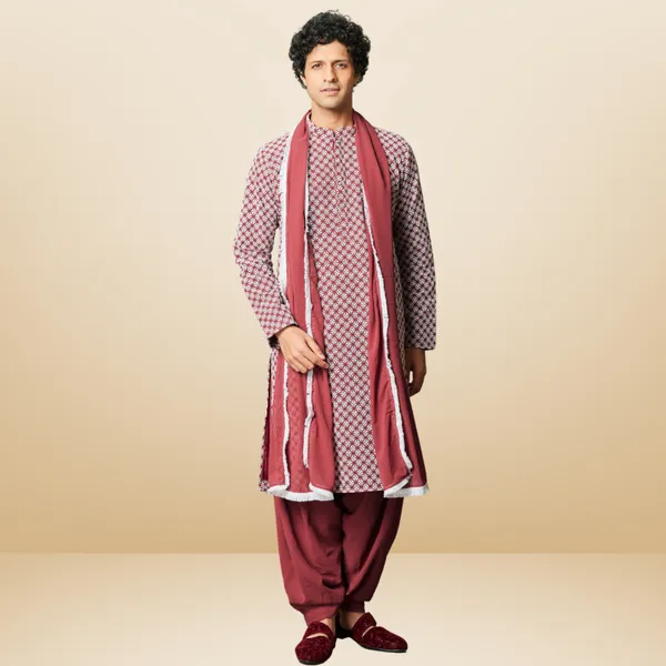 Maroon_Georgette_Embroidered_Kurta_With_Patiala_&_Dupatta_Set_|_For_Men