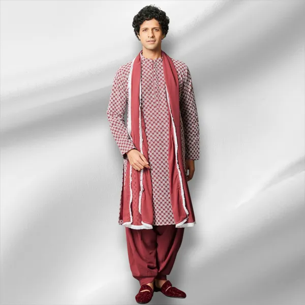 Maroon_Georgette_Embroidered_Kurta_With_Patiala_&_Dupatta_Set_|_For_Men