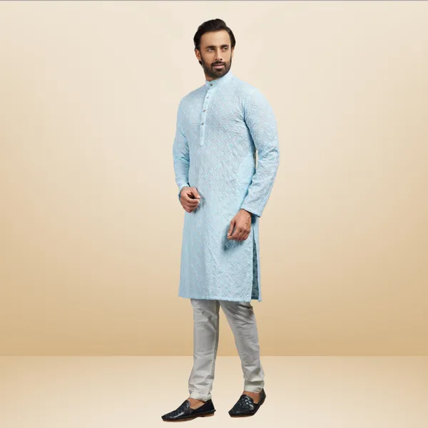 Blue_Lucknowi_Cotton_Kurta_|_For_Men