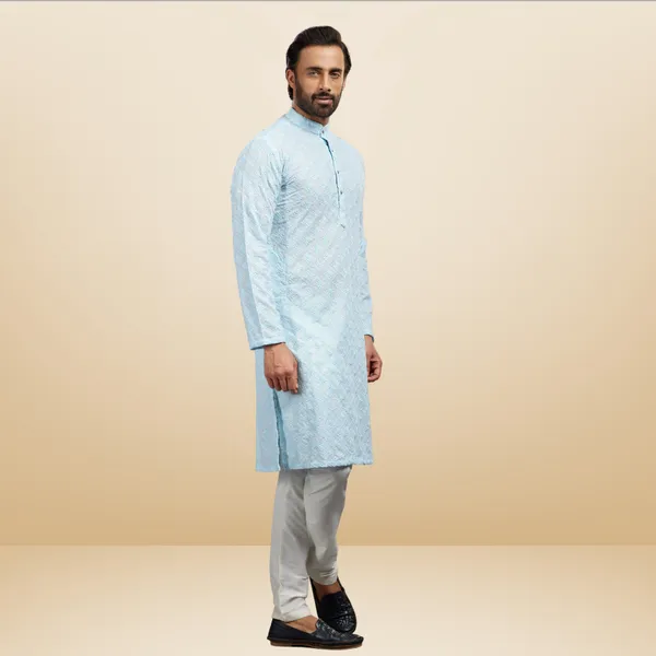Blue_Lucknowi_Cotton_Kurta_|_For_Men