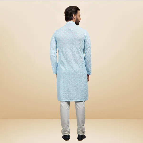 Blue_Lucknowi_Cotton_Kurta_|_For_Men
