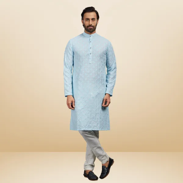 Blue_Lucknowi_Cotton_Kurta_|_For_Men