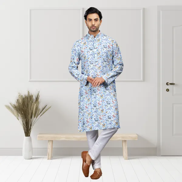Blue_Printed_Blended_silk_Kurta_|_For_Men