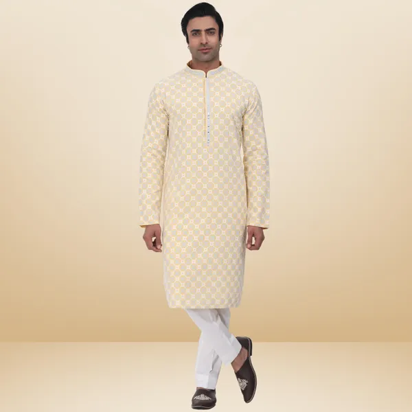 Yellow_Cotton_Rayon_Embroidered_Kurta_&_Pajama_Set__|_For_Men