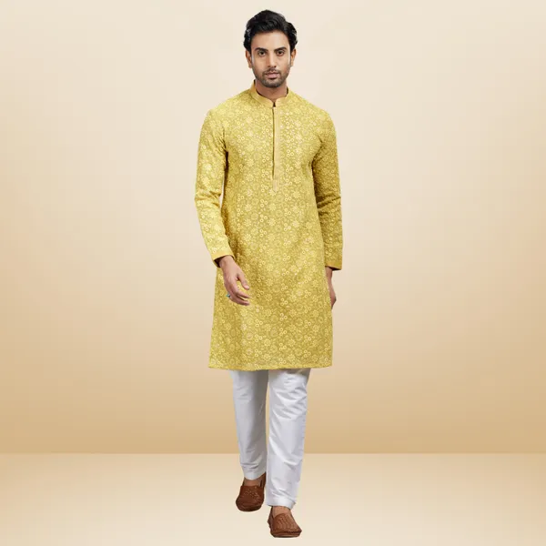 Yellow_Georgette_Embroidered_Kurta_&_Pajama_Set_|_For_Men