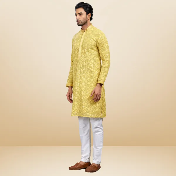 Yellow_Georgette_Embroidered_Kurta_&_Pajama_Set_|_For_Men