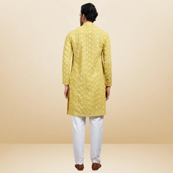 Yellow_Georgette_Embroidered_Kurta_&_Pajama_Set_|_For_Men