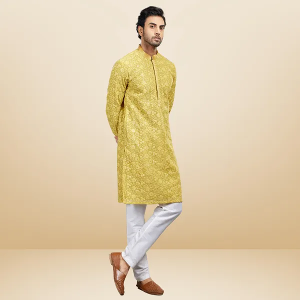Yellow_Georgette_Embroidered_Kurta_&_Pajama_Set_|_For_Men