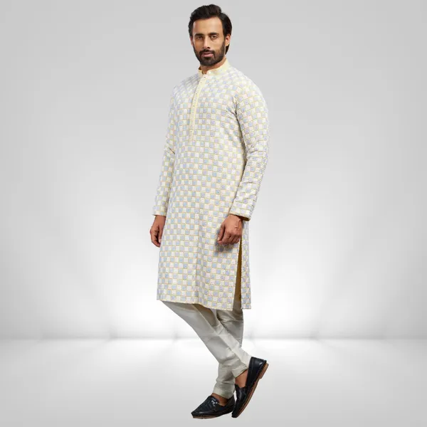 Yellow_Cotton_Rayon_Embroidered_Kurta_&_Pajama_Set__|_For_Men