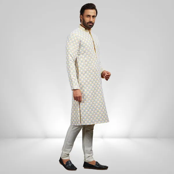Yellow_Cotton_Rayon_Embroidered_Kurta_&_Pajama_Set__|_For_Men