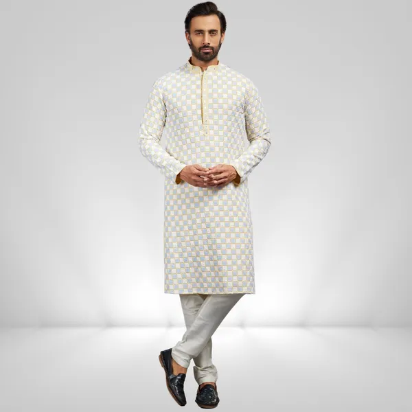 Yellow_Cotton_Rayon_Embroidered_Kurta_&_Pajama_Set__|_For_Men