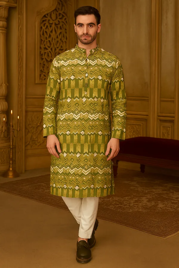 Olive_Printed_Linen_Flex_Kurta_|_For_Men