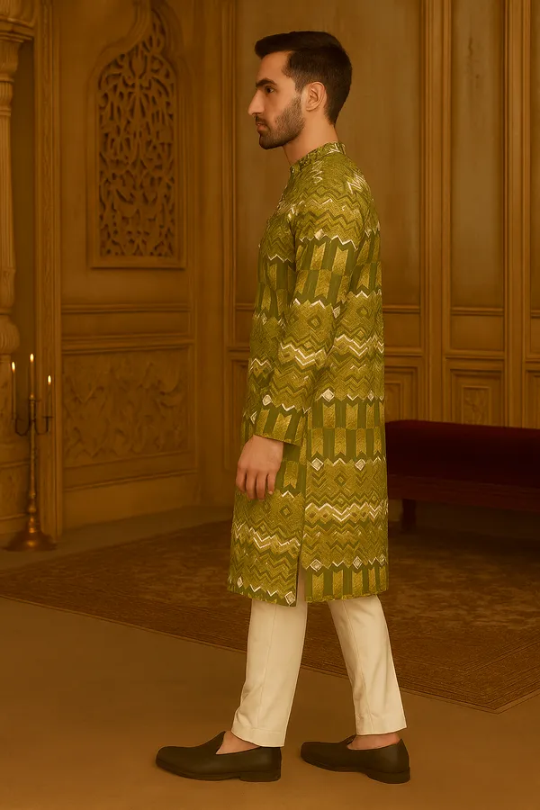 Olive_Printed_Linen_Flex_Kurta_|_For_Men