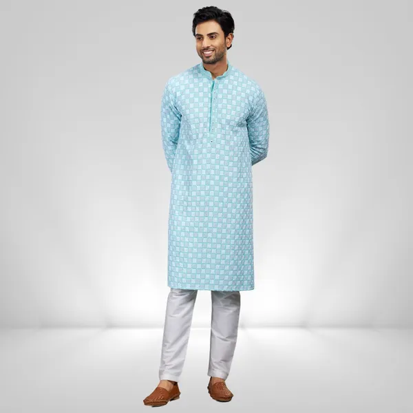 Blue_Cotton_Rayon_Embroidered_Kurta_&_Pajama_Set__|_For_Men