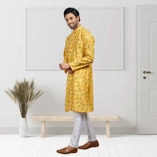 Yellow_Printed_Blended_silk_Kurta_|_For_Men