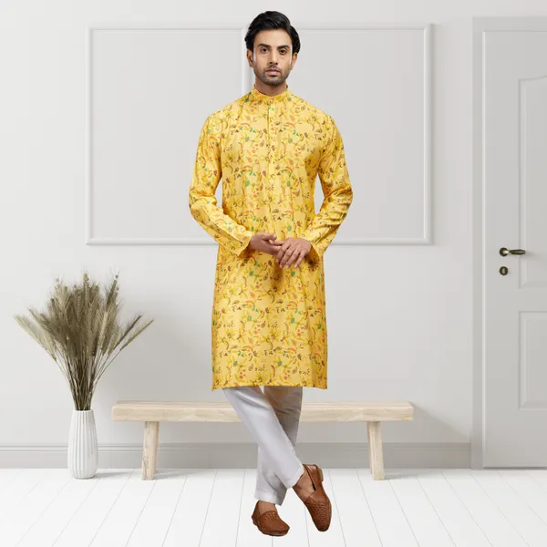 Yellow_Printed_Blended_silk_Kurta_|_For_Men