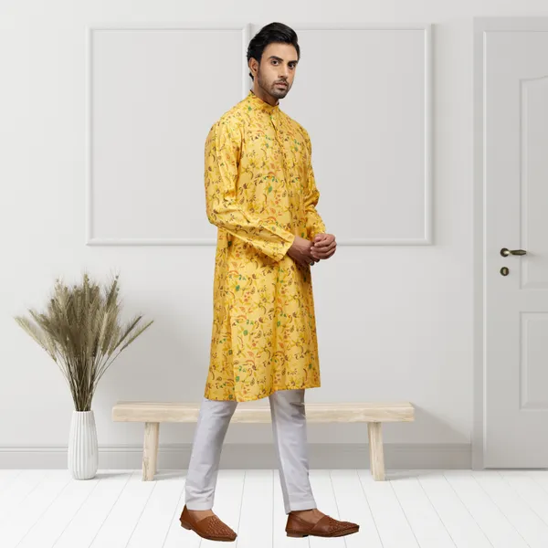 Yellow_Printed_Blended_silk_Kurta_|_For_Men