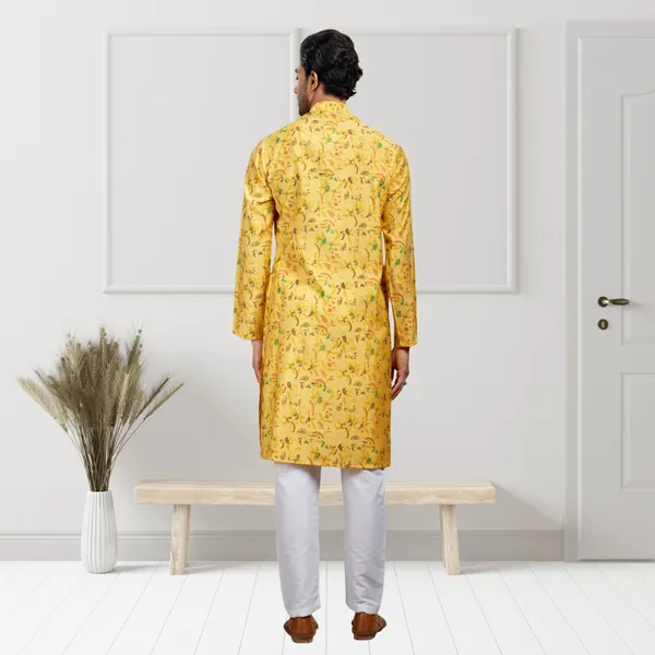 Yellow_Printed_Blended_silk_Kurta_|_For_Men