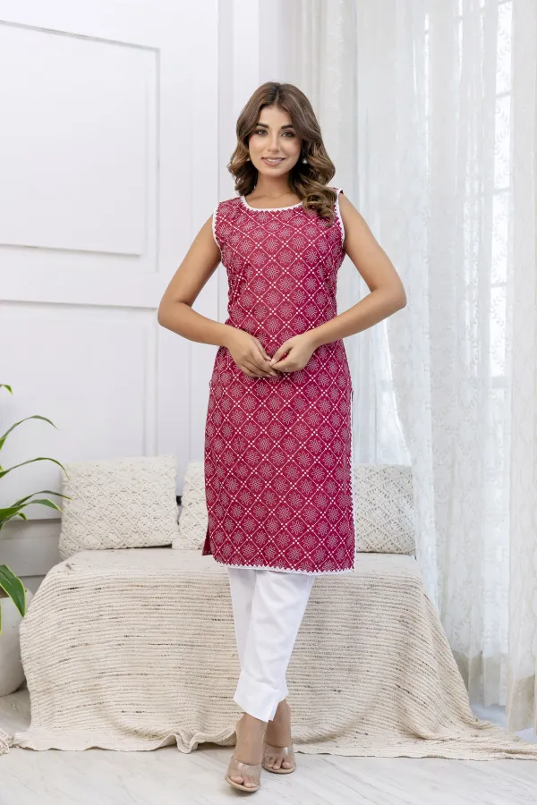 Pink_Satin_Floral_Print_Sleeveless_Round_Neck_Kurta_For_Women