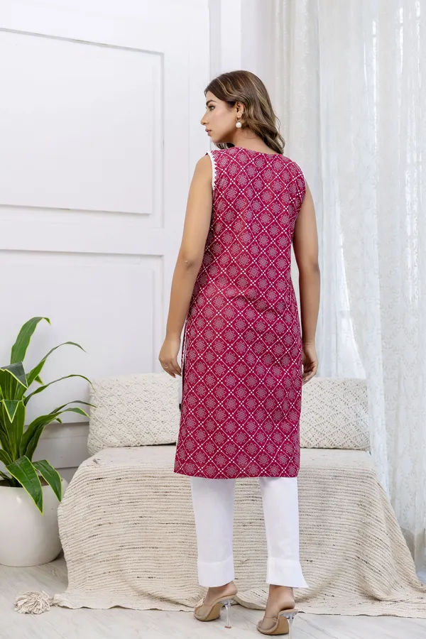 Pink_Satin_Floral_Print_Sleeveless_Round_Neck_Kurta_For_Women