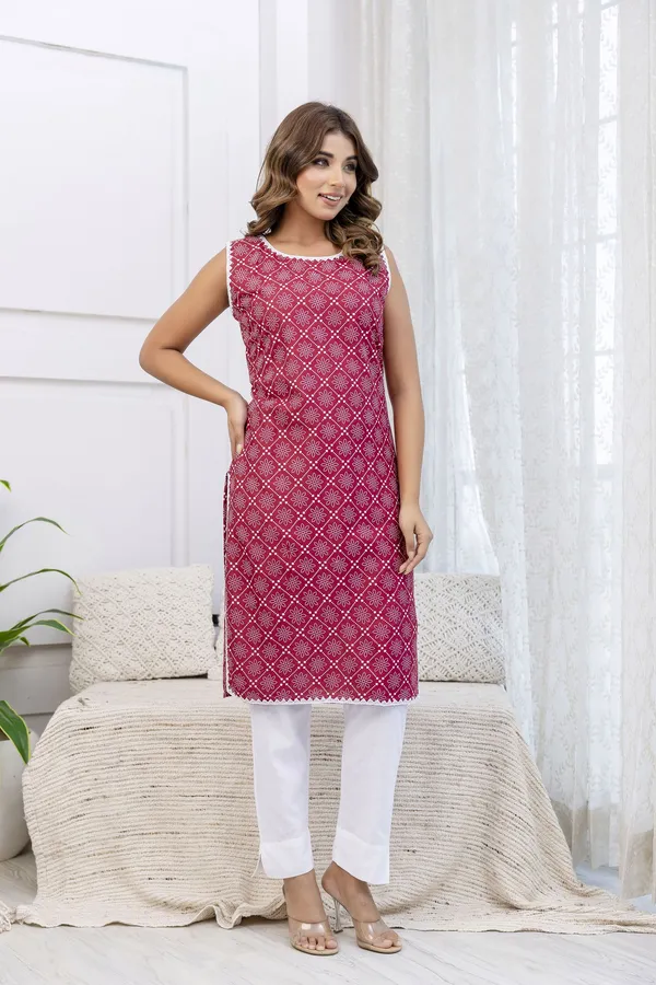 Pink_Satin_Floral_Print_Sleeveless_Round_Neck_Kurta_For_Women