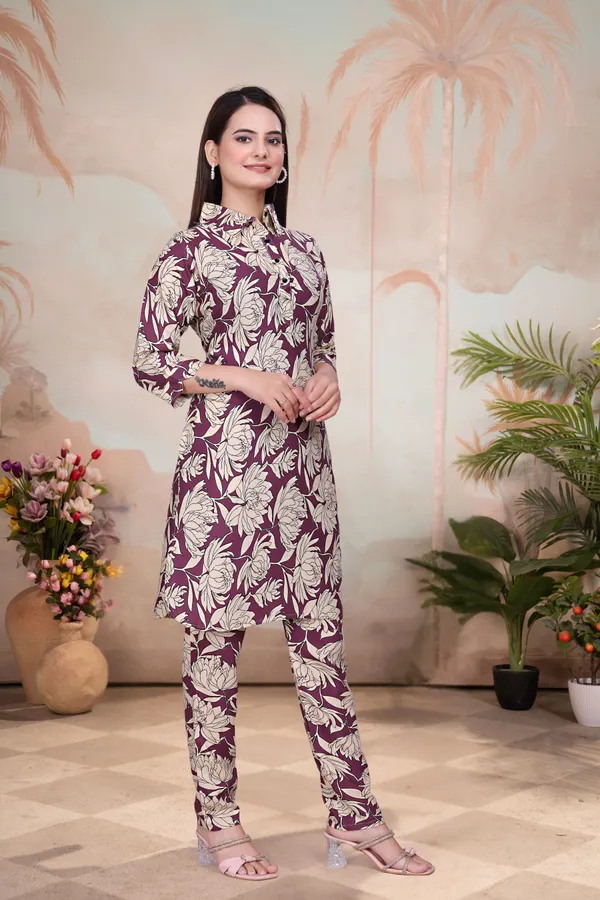 Multicolor_Cotton_Rayon_Printed_3/4_Sleeve_Collared_Neck_Kurta_Pant_For_Women